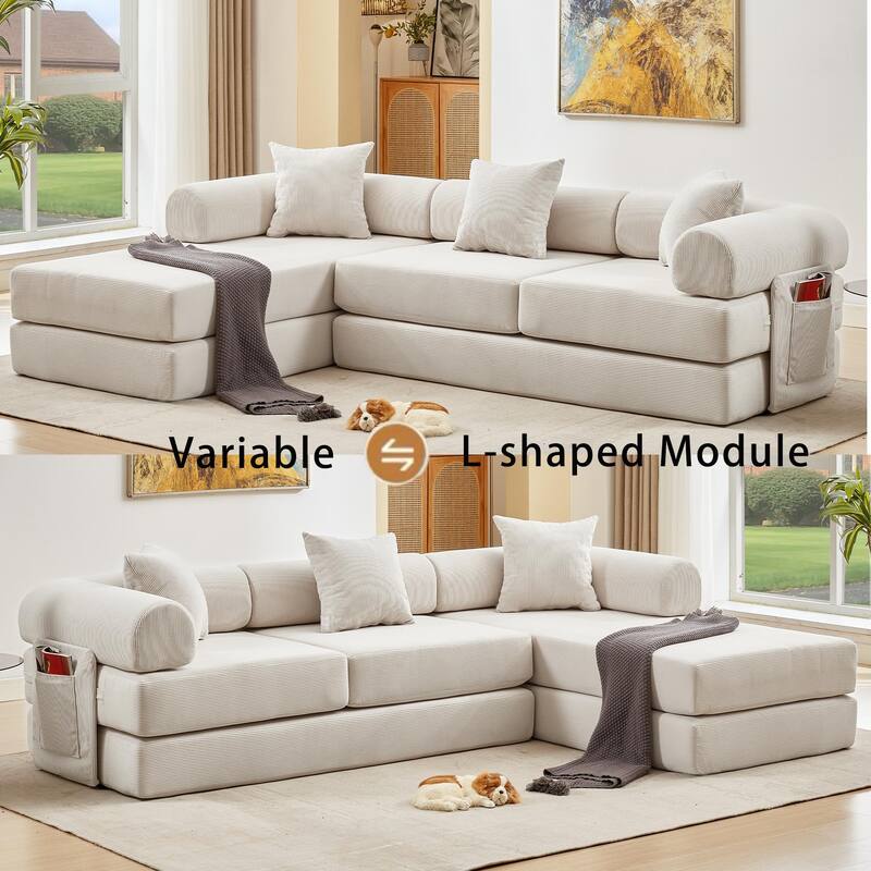 Versatile 7-in-1 Modular Folding Sectional Sofa with Chaise Convertible Corduroy Sleeper Sofa Bed with Removable Storage Bags