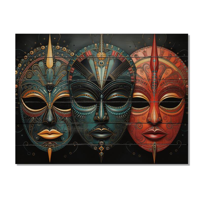 Designart "Red African Masks III" African Tribes Print on Natural Pine Wood