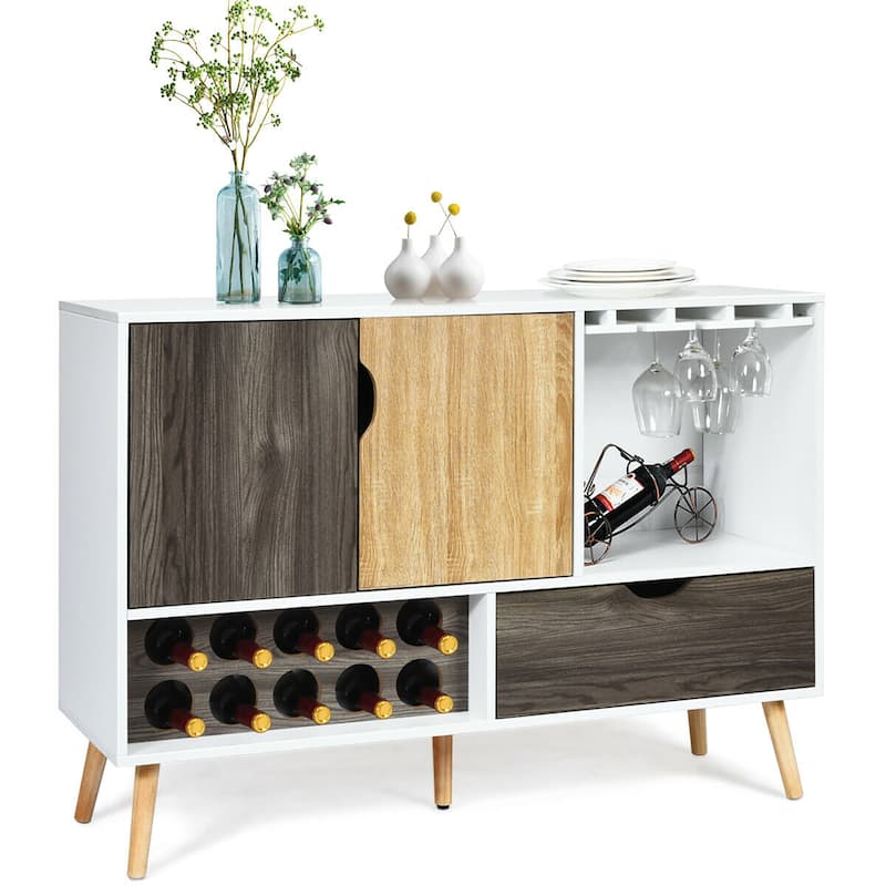 Costway Mid-Century Buffet Sideboard Wooden Storage Cabinet w/ Wine - 47.5'' x 15.5'' x 34''(L x W x H) - White/Brown