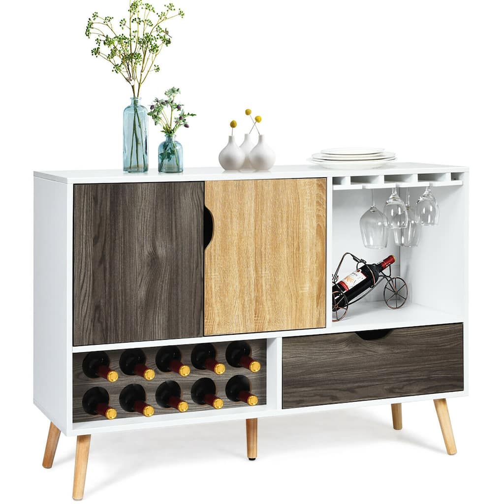 Costway Mid-Century Buffet Sideboard Wooden Storage Cabinet w/ Wine - 47.5'' x 15.5'' x 34''(L x W x H)