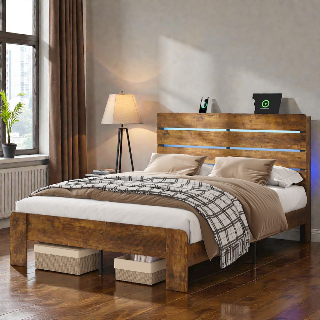 Metal Bed Frame with Headboard and Footboard, LED Lights, Charging Station, Under Bed Storage, No Box Spring