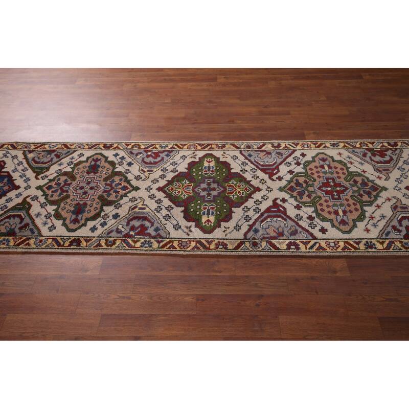 Geometric Kazak Runner Rug Hand-Knotted Beige Wool Carpet - 2'6"x 9'10"