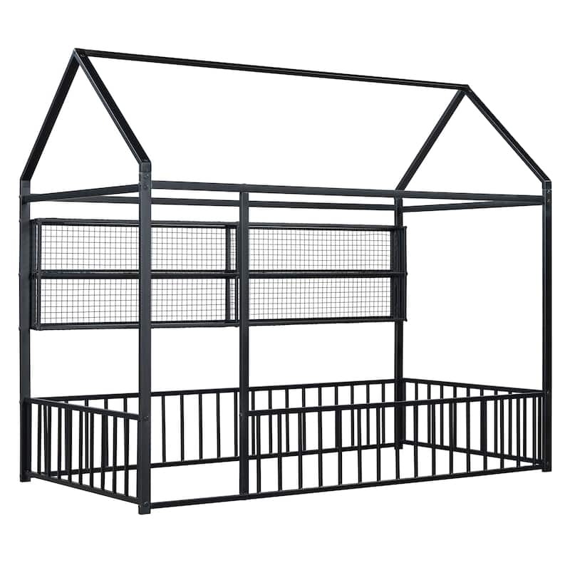 Twin Metal House Bed Frame with Storage Shelves & Fence