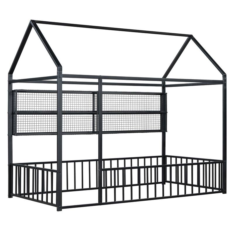 Twin Size Metal House Bed Frame with Playful Design, Fence, and Four Convenient Storage Shelves for Kids' Rooms
