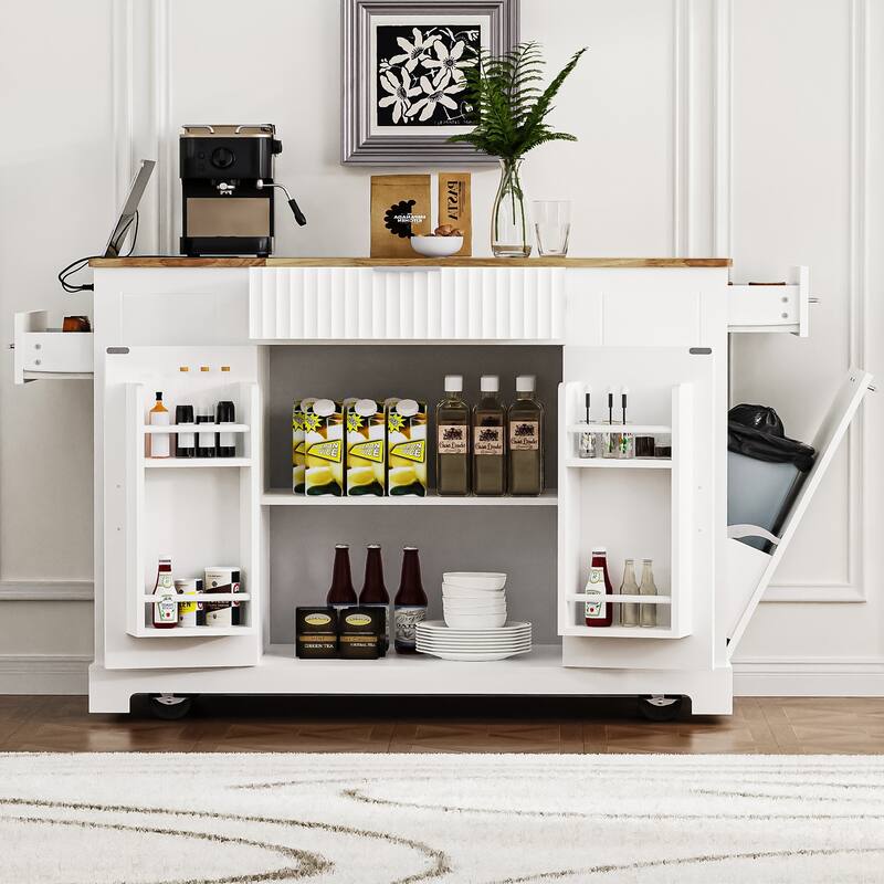 Chichoice Fluted Rolling Kitchen Island with Trash Can Storage Cabinet, Power Outlet, Internal Storage Rack