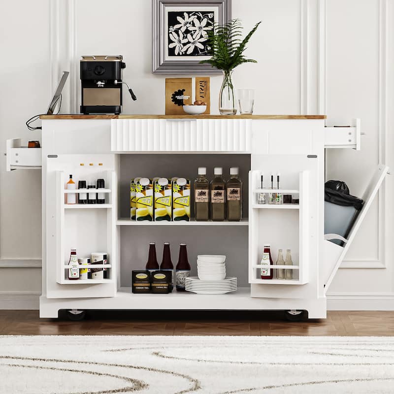Fluted Kitchen Island with Trash Can Storage Cabinet, Kitchen Cart with Power Outlet Rolling Kitchen Islands on 5 Wheels