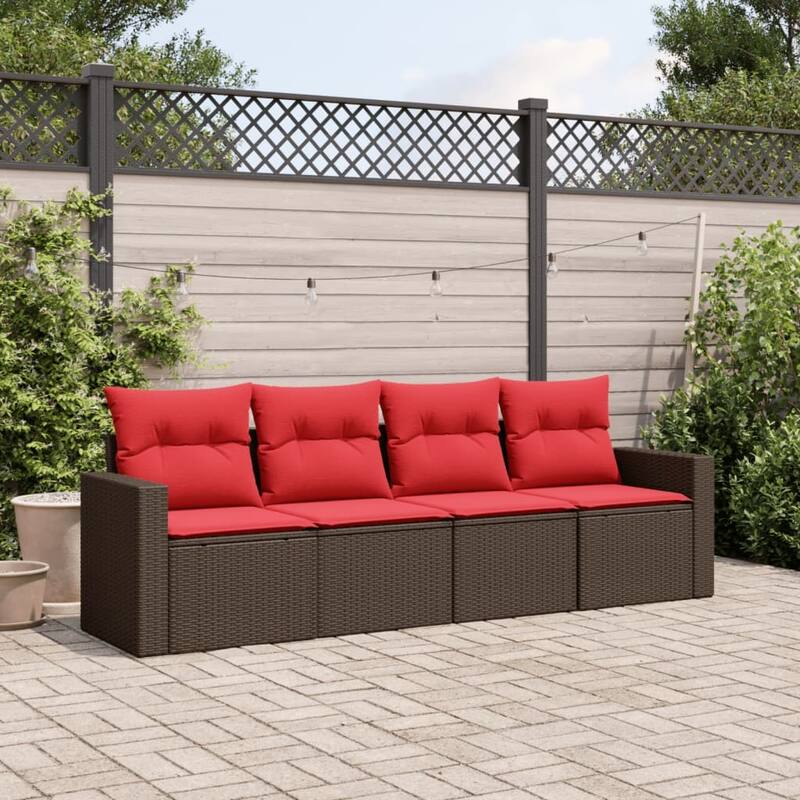 vidaXL Patio Sofa Set with Cushions Outdoor Conversation Furniture Poly Rattan - 25.8" x 24.4" x 27.2" - Brown and red without table