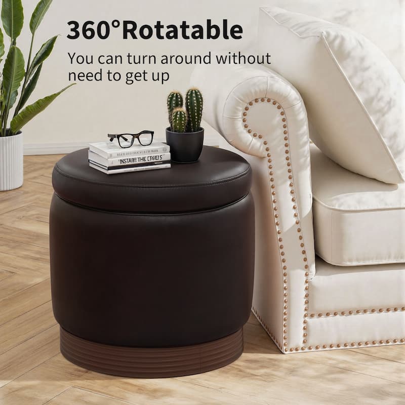 Round Swivel Storage Ottoman Footstool with Flip-top and Acacia Frame