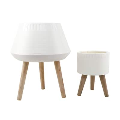 18"W & 10" Dumpling Fiberglass Pot On Stand,White,Set Of 2