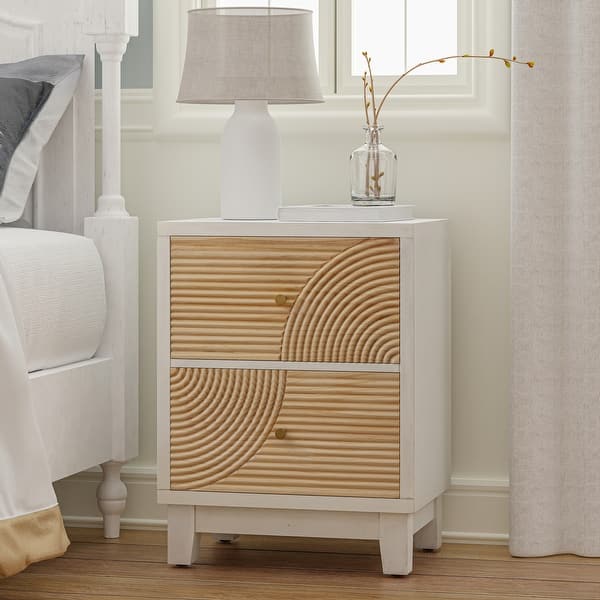 COZAYH 3-Drawer Farmhouse Dresser with Handicraft Wood Ring Motif, Rustic Nightstand Wooden Finish, Boho, Natural Wood