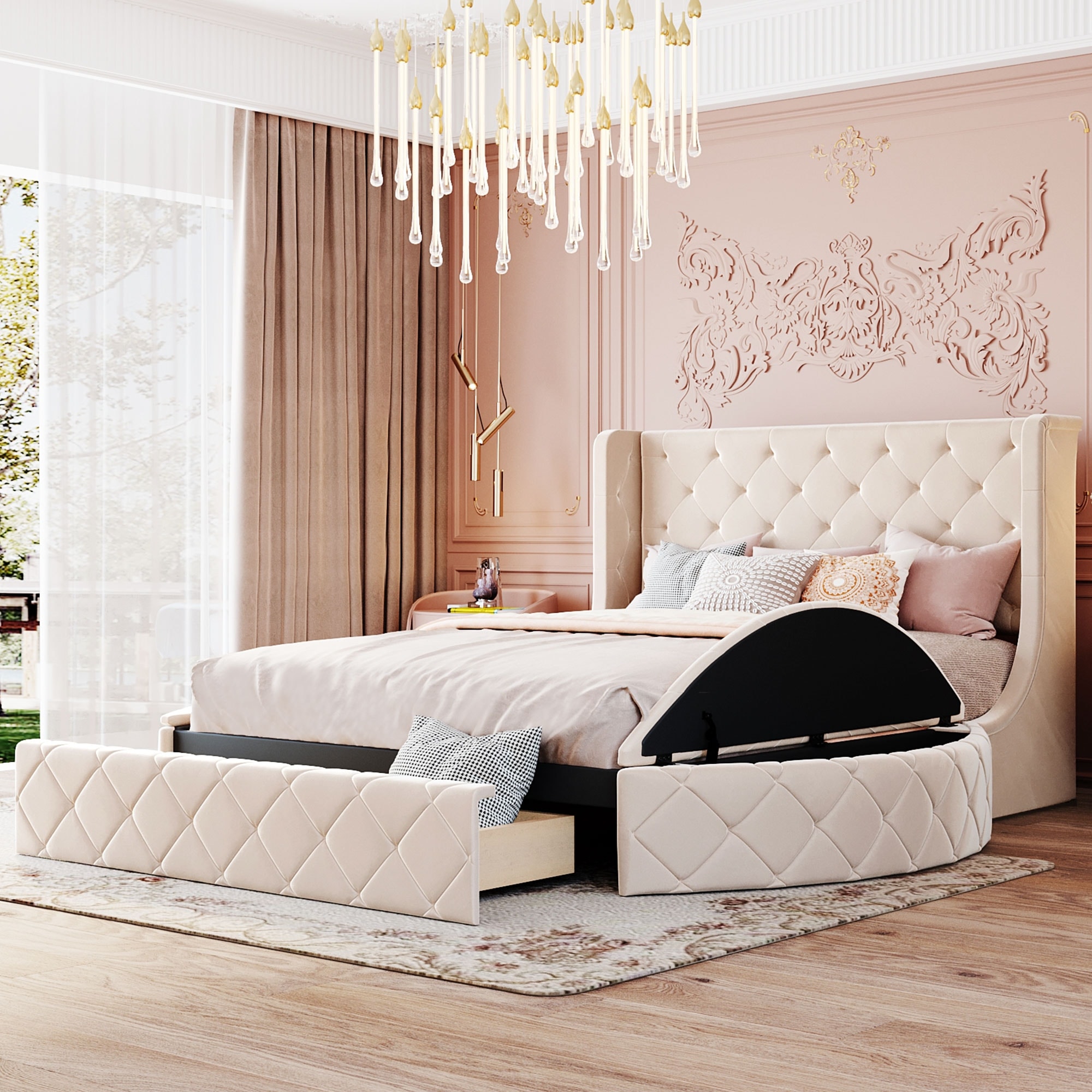 Queen Size Velvet Platform Bed with Wingback Headboard, Upholstered Tufted Bed Frame with 1 Big Drawer and 2 Side Storage Stool