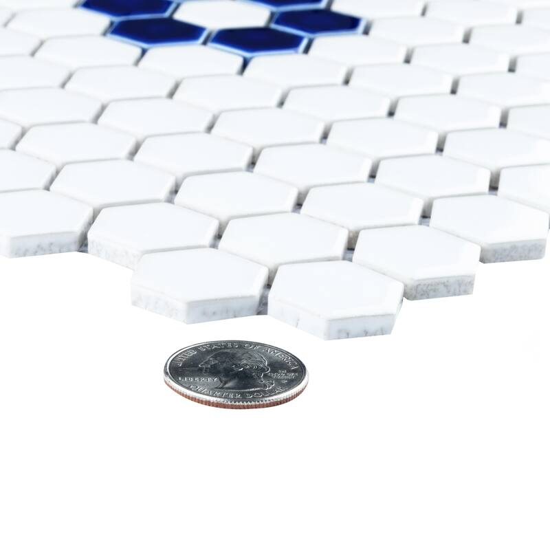 Merola Tile Metro Ion 1" Hex Sapphire Single Flower w/ Glossy White 10-1/4" x 11-7/8" Porcelain Floor and Wall Tile
