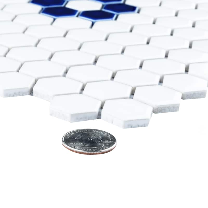 Merola Tile Metro Ion 1" Hex Sapphire Single Flower w/Glossy White Porcelain Mosaic Floor & Wall Tile
