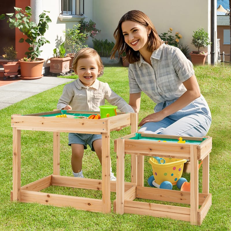 Gymax Wooden Sand & Water Tables Outdoor Sensory Tables w/ Protective