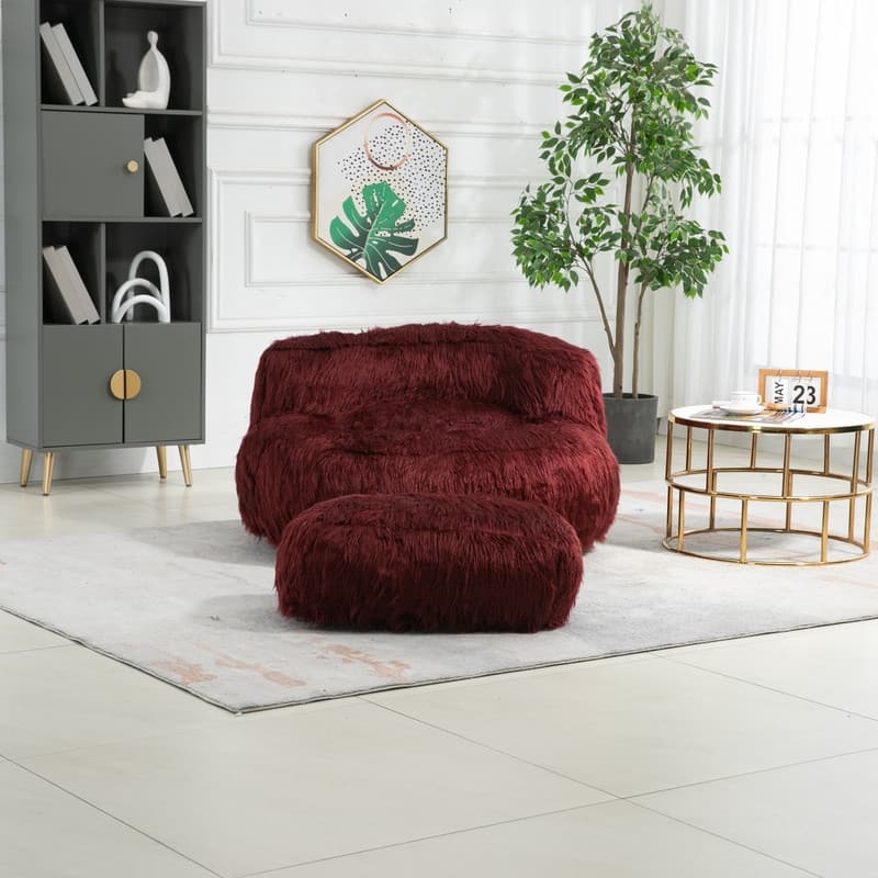 Wine Red Comfort Lounger Footstool Durable Indoor Chair Faux Fur Lazy ...