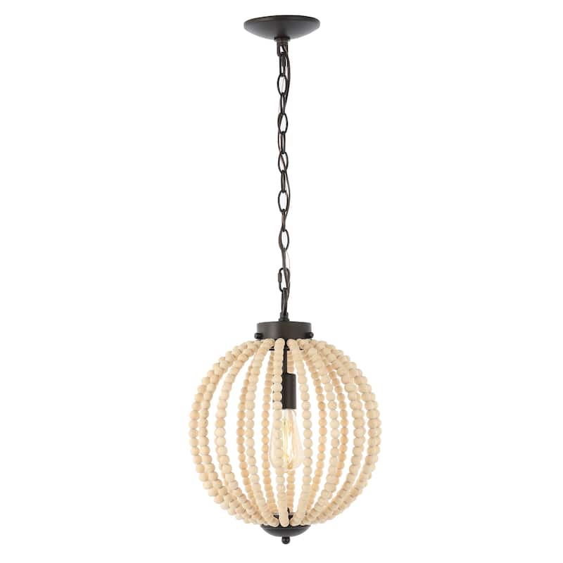Alba 12.5" 1-Light Rustic Bohemian Iron/Wood Bead LED Pendant, Oil Rubbed Bronze/Brown by JONATHAN Y