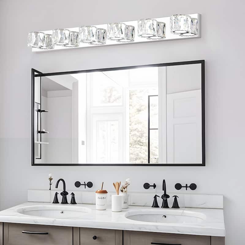 41" Modern Crystal 6-Light LED Wall Sconce - Elegant Chrome Bathroom Vanity Light with Clear Crystal Shades