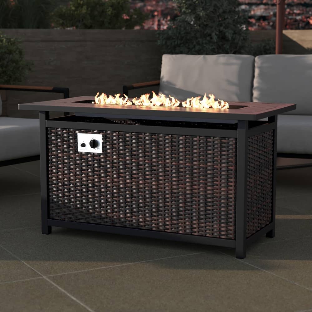 Outdoor 50,000 BTU Fire Table with Steel Top and Wicker Base