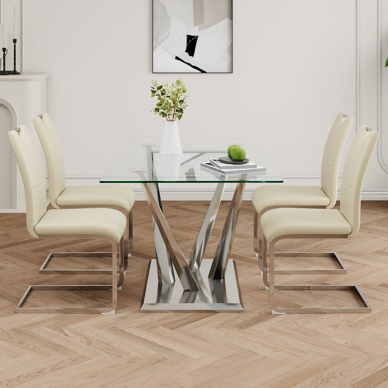 63" Glass Dining Table Set for 4, 5 Piece Dining Table and Chairs Set, Rectangular Table with 4 Faux Leather Chairs & Metal Legs