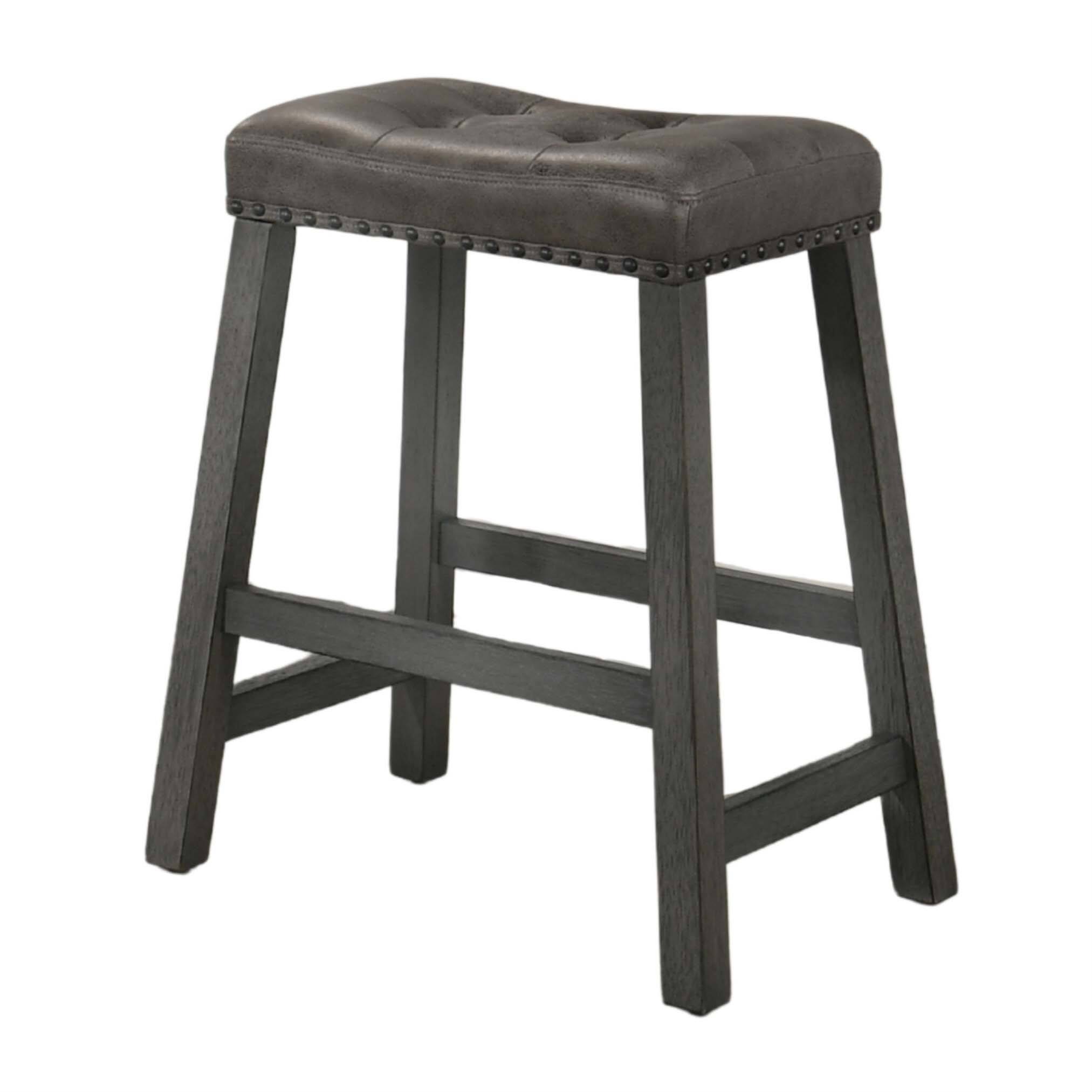 Rustic Backless Counter Stool Set of 2 - 25 Inch Wooden Farmhouse Barstool with Comfortable Brown Leather Seat