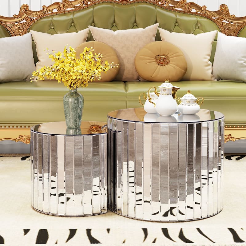 Luxury Vertical Stripe Mirrored Nesting Coffee Table Sets of 2 - Silver