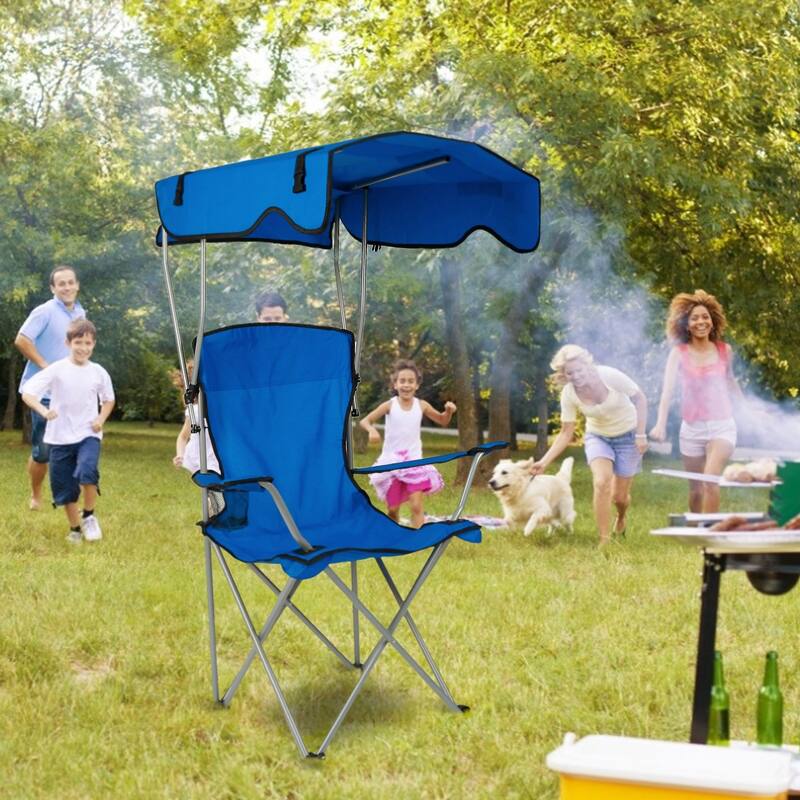 Foldable Beach Canopy Chair With Sun Shade Cup Holder 330LBS - Blue