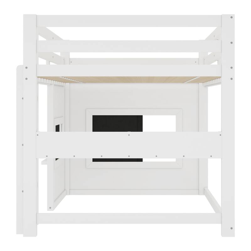 Kids Playful Loft Bed with Built-in Bookshelf and Sliding Chalkboard