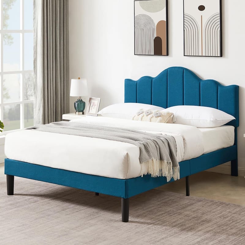 VECELO Modern Upholstered Platform Bed with Adjustable Headboard, Dark Blue/ White/ Grey/ Beige Bed Frames - Blue - Full