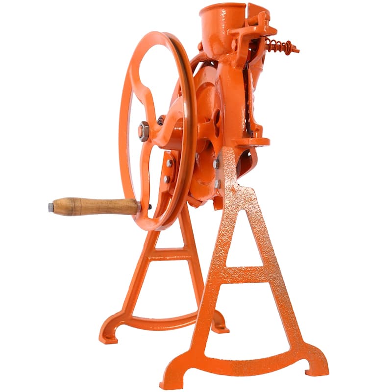 Orange Cast Iron Manual Thresher with Wooden Handle
