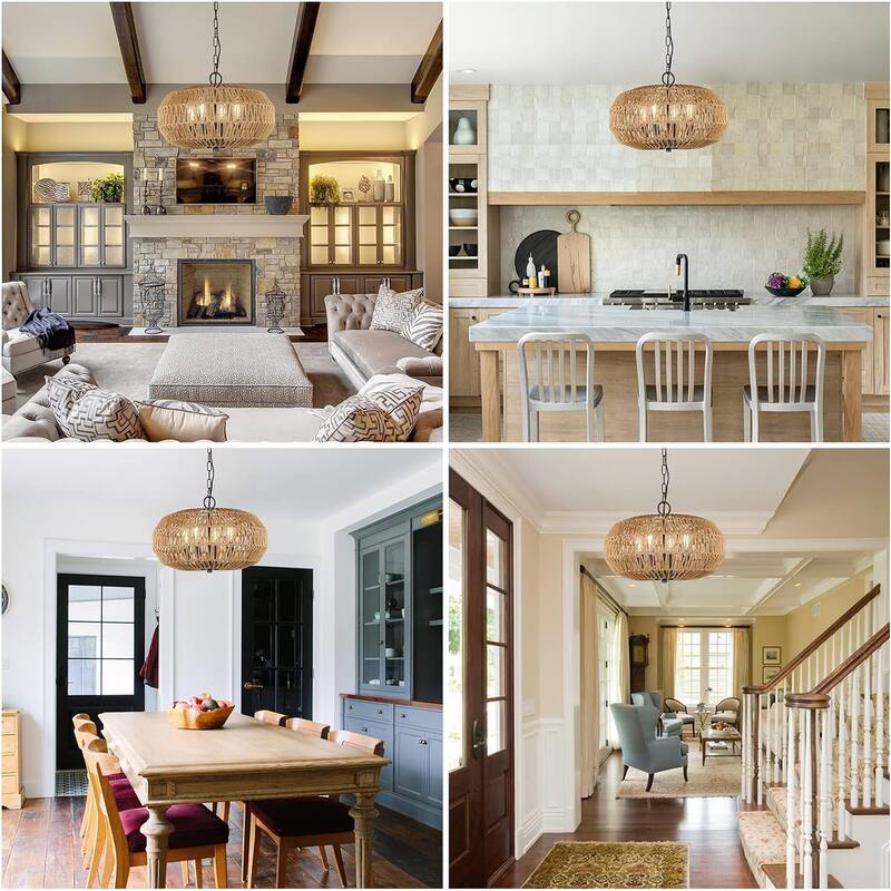 Farmhouse Rattan Pendant Lights,15.7" 4-Light Boho Chandelier Light Fixture,Wicker Hand Woven Basket Pendant Hanging