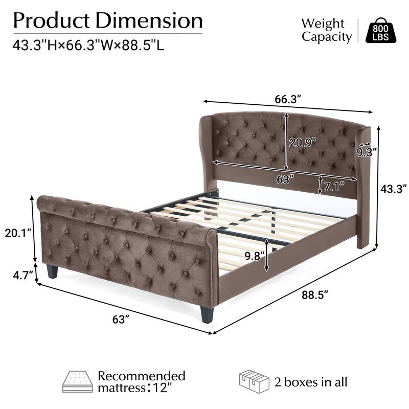Christopher Knight Home - Amara Traditional Velvet Upholstered Sleigh Bed with Wingback Headboard & Scroll Footboard, Queen Size