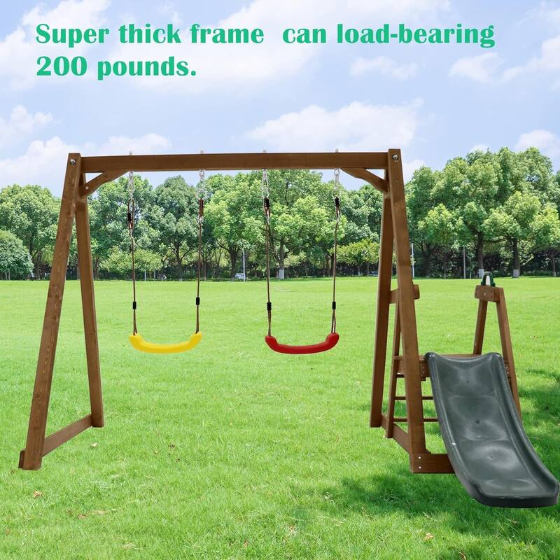 Wood Swing Set w/Slide,Wood Swing Set for Backyard, 2 in 1 Swing Set