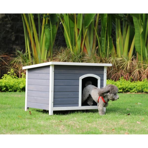 Outdoor Small Wooden Dog House with Openable Roof Hinges Raised Feet