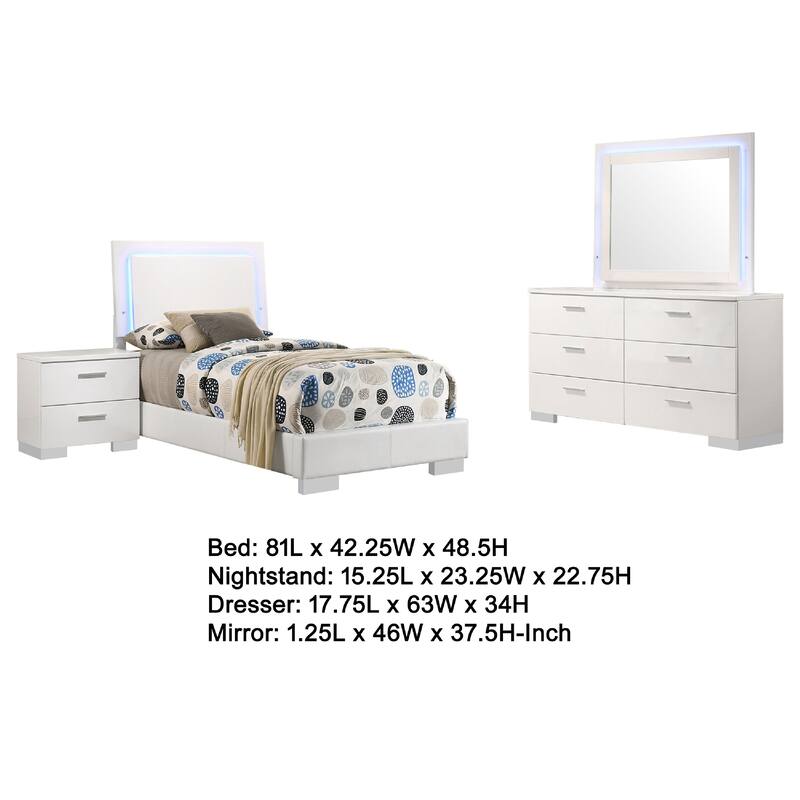 Sok 4pc Twin Bedroom Set, Blue LED Lights, Faux Leather, White Wood