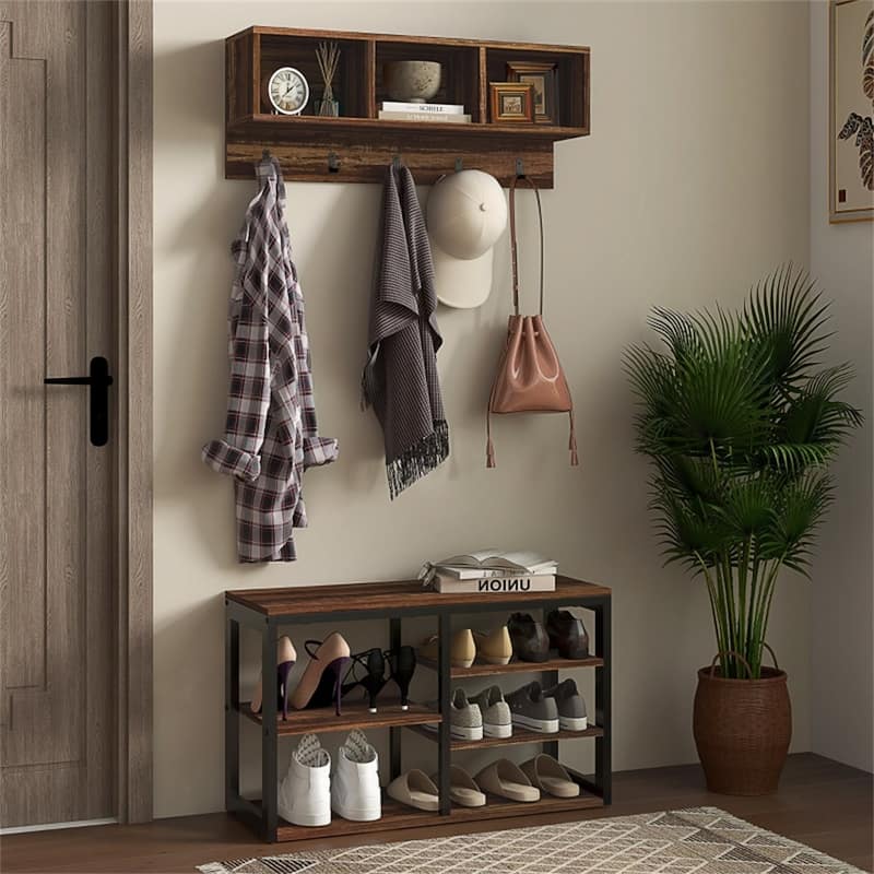 2 in 1 Hall Tree with Shoe Bench and Coat Rack Steel and Particleboard Entryway Organizer with Hooks and Shelves