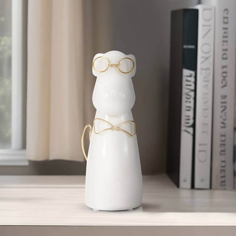 Sagebrook Home Glam Stoneware and Metal Dog Figurine with Bowtie and Glasses - Elegant Decorative Accent Sculpture