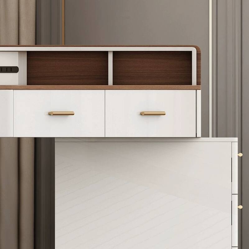 Modern Corner Makeup Vanity Table with LED Lighted Mirror, Vanity Desk with 5 Drawers, Piano Finish, Solid Wood Legs, Stool