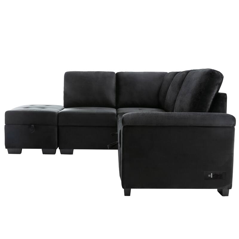 Sleeper Sectional Sofa, L-Shape Corner Couch Sofa-Bed with Storage Ottoman & Hidden Arm Storage & USB Charge for Living Room Ap