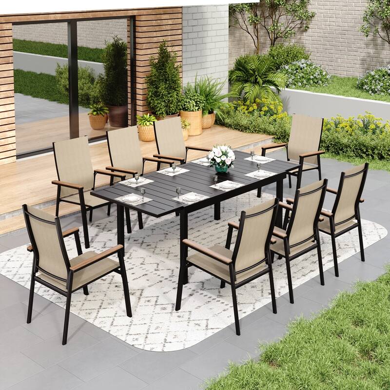 MAISON ARTS 4 Pieces Aluminium Stackable Patio Dining Chairs with Wooden Armest