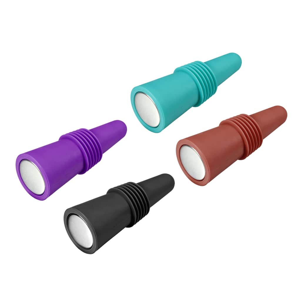 4Pcs Wine Stoppers, Silicone Beverage Bottle Sealer Caps Reusable Cover 4 Colors - Brown, Purple, Blue, Black