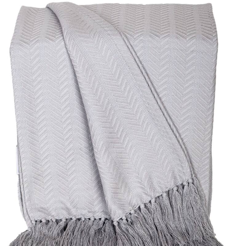 HomeRoots 50" X 60" Gray Woven Cotton Herringbone Throw Blanket with Fringe