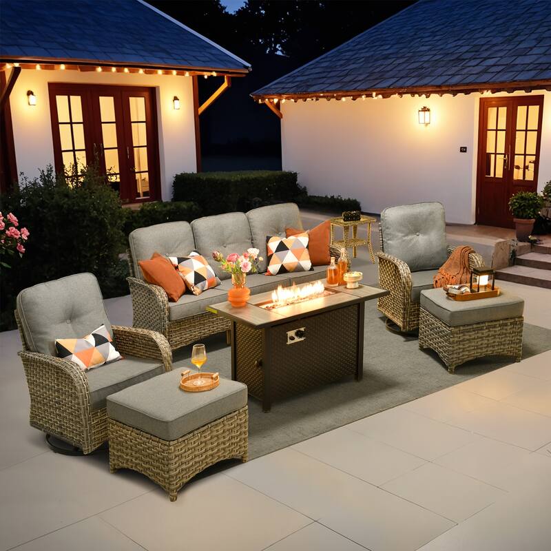 OVIOS 7-piece Patio Wicker Conversation Furniture Set With Fire Pit - DarkGrey