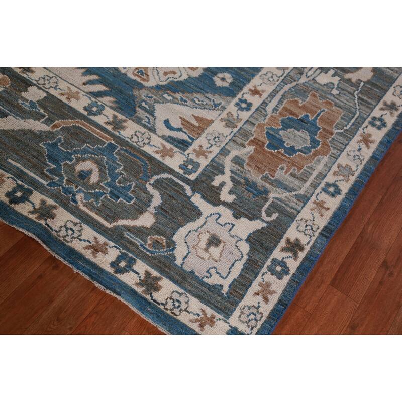 Hand Knotted Oriental 100% Wool Carpet Transitional All-Over Navy Blue & Blues Oushak Area Rug - 12' 4'' X 8' 11''