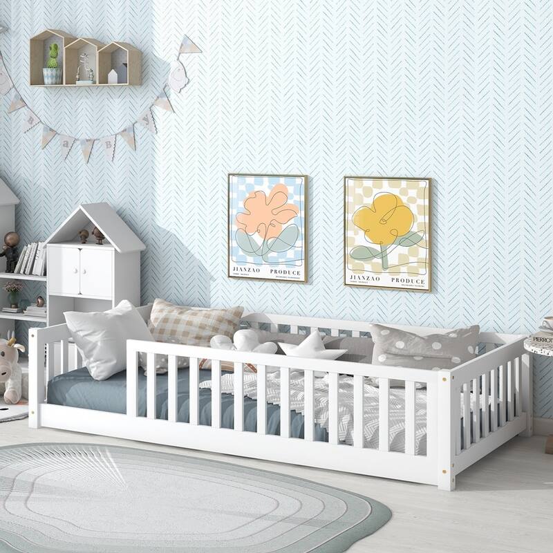 Rubber Wood Floor Bed with Fence without Door - White - Twin