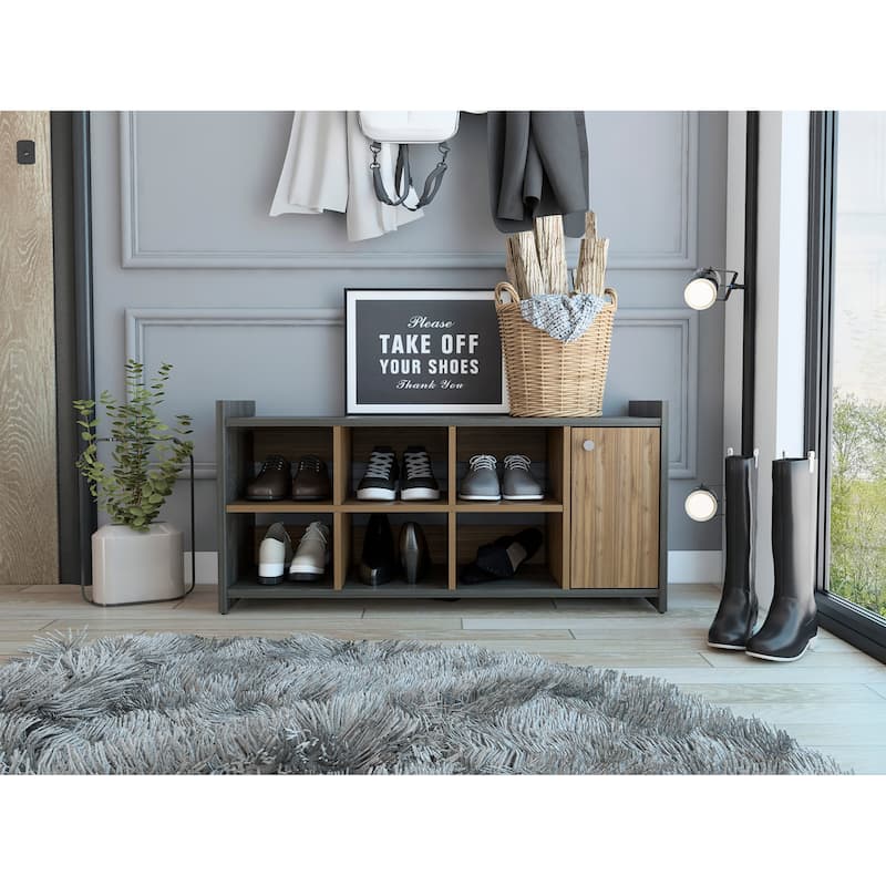 Entryway Storage Unit with Door, 6 Shoes Capacity, 6 Cubbies, and Door, Carbon Espresso / Mahogany