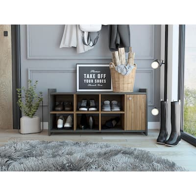 Entryway Storage Unit with Door, 6 Shoes Capacity, 6 Cubbies, and Door, Carbon Espresso / Mahogany