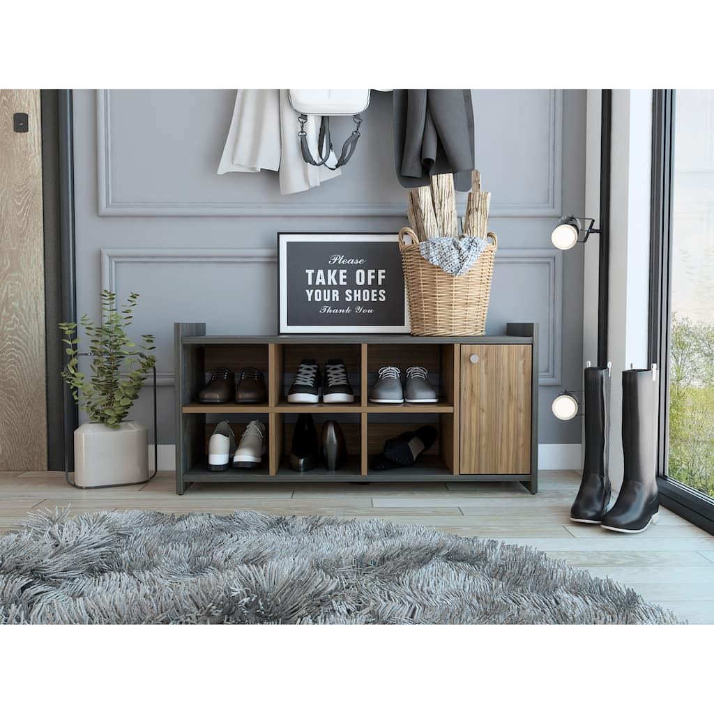 Entryway Storage Unit with Door, 6 Shoes Capacity, 6 Cubbies, and Door, Carbon Espresso / Mahogany