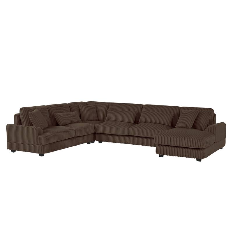 U-Shaped Sectional Sofa with Chaise Lounge, Oversized Corduroy Upholstered Sofa, 5 Seater Sofa with Removable Throw Pillows