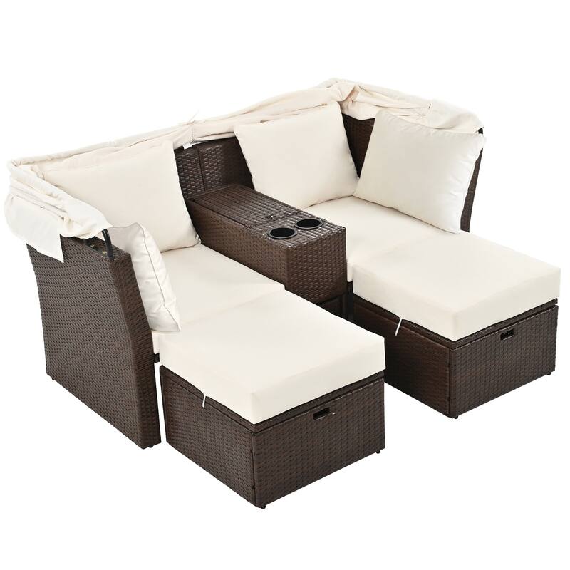 Outdoor Convertible Daybed Loveseat Sofa Set with Canopy & Console