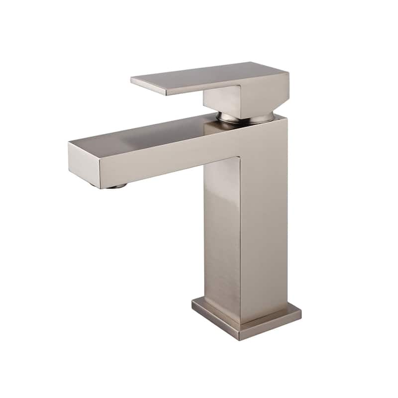 Modern Single Hole Bathroom Faucet, Solid Brass Square Sink Faucet with Pop-Up Drain and Water Supply Hoses - Brushed Nickel